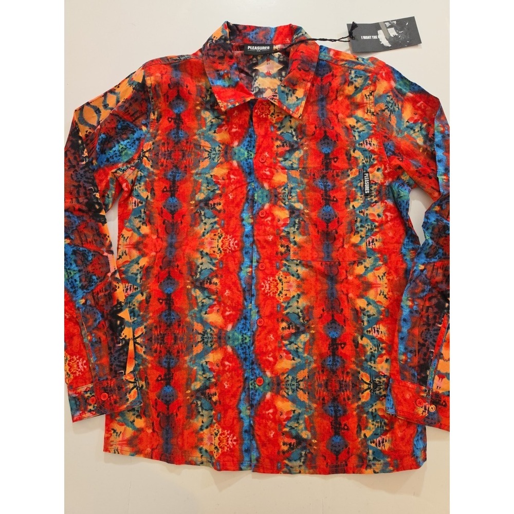 PLEASURES Miles Button Down Shirt Red Multi SS21 Men's Size Small Cotton Linen
